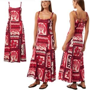 NWT Ever New Side Zip Floral Linen Blend Pom Pom Spaghetti Strap Maxi Midi Dress